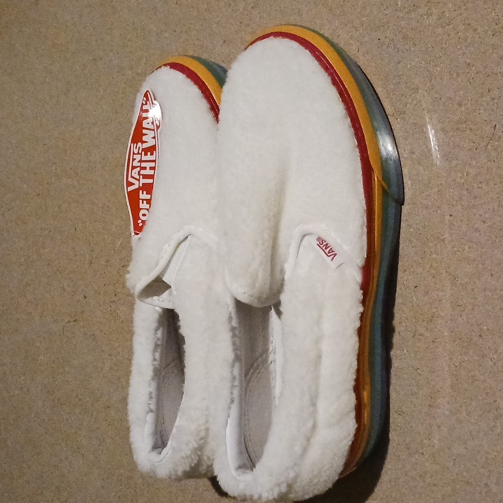 Vans, girls, slip on sneakers. White, faux fur, rainbow colored sole. Size 2.5